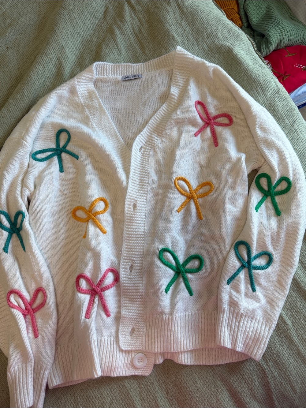 White Bow-Appliqué Cardigan Sweater